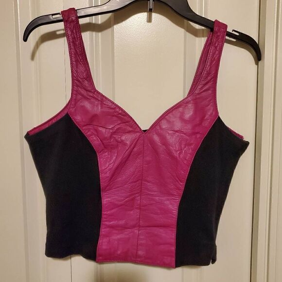 VTG Retro Chia Fuschia Stretchy Leather Crop Top Large - Picture 2 of 11